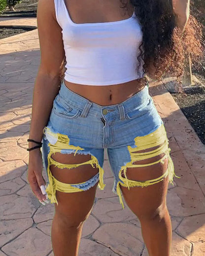 2025 Summer New Women's Ripped Denim Shorts Fashion High Street Sexy Hot Girl Jeans Shorts S-2XL Yellow