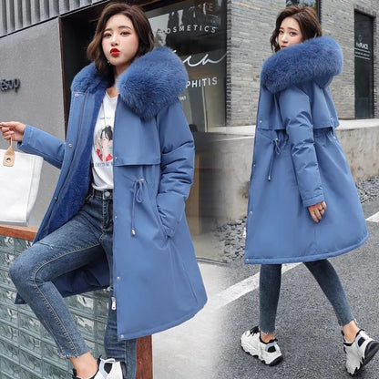 Thiened Fce Women's Cotton Jaet Korean Sle Slim Fit Mid-Length Parka Coat Warm Casual Outerwear for Winter Season
