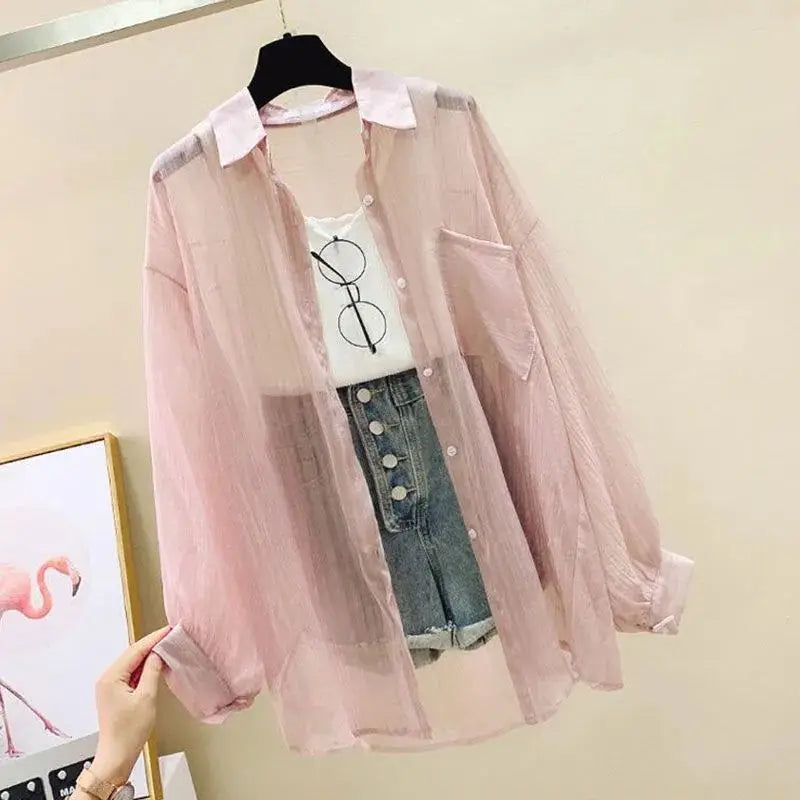 Summer Sunscreen Shirt Elegant Perspective Thin Chiffon Blouse Korean Harajuku See Through Loose Top Casual Women's Cardigan pink