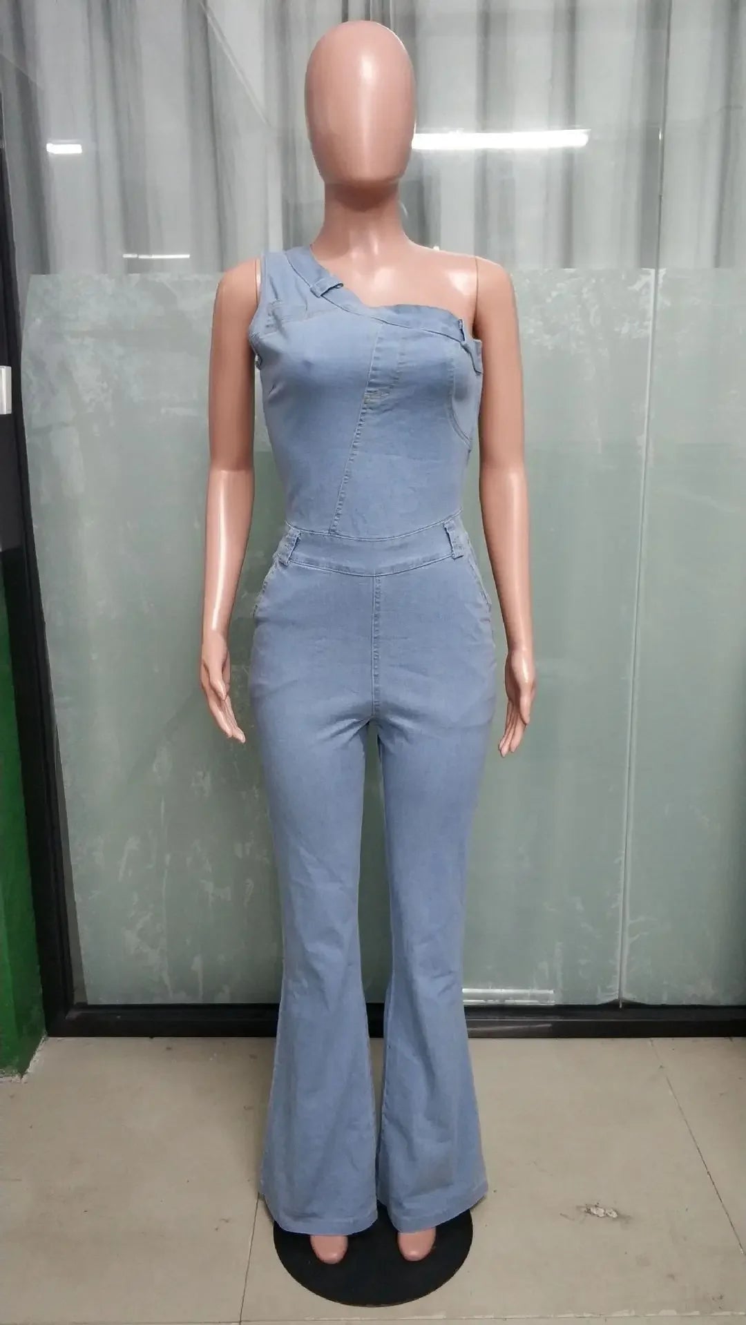 Flare Denim Pants Full Length Women Jeans One Piece Overalls Spliced Solid Jumpsuits Loose Pockets High Waist Basics Washed