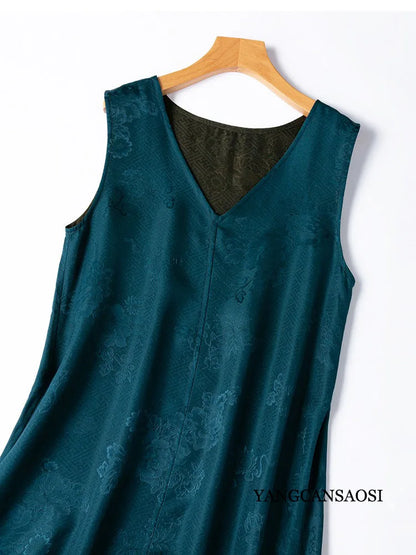 2025 Women's Summer New Luxury 100% Natural Mulberry Silk Jacquard Satin V-neck Split Double Sided Sleeveless Vest Dress Badiee Stylez