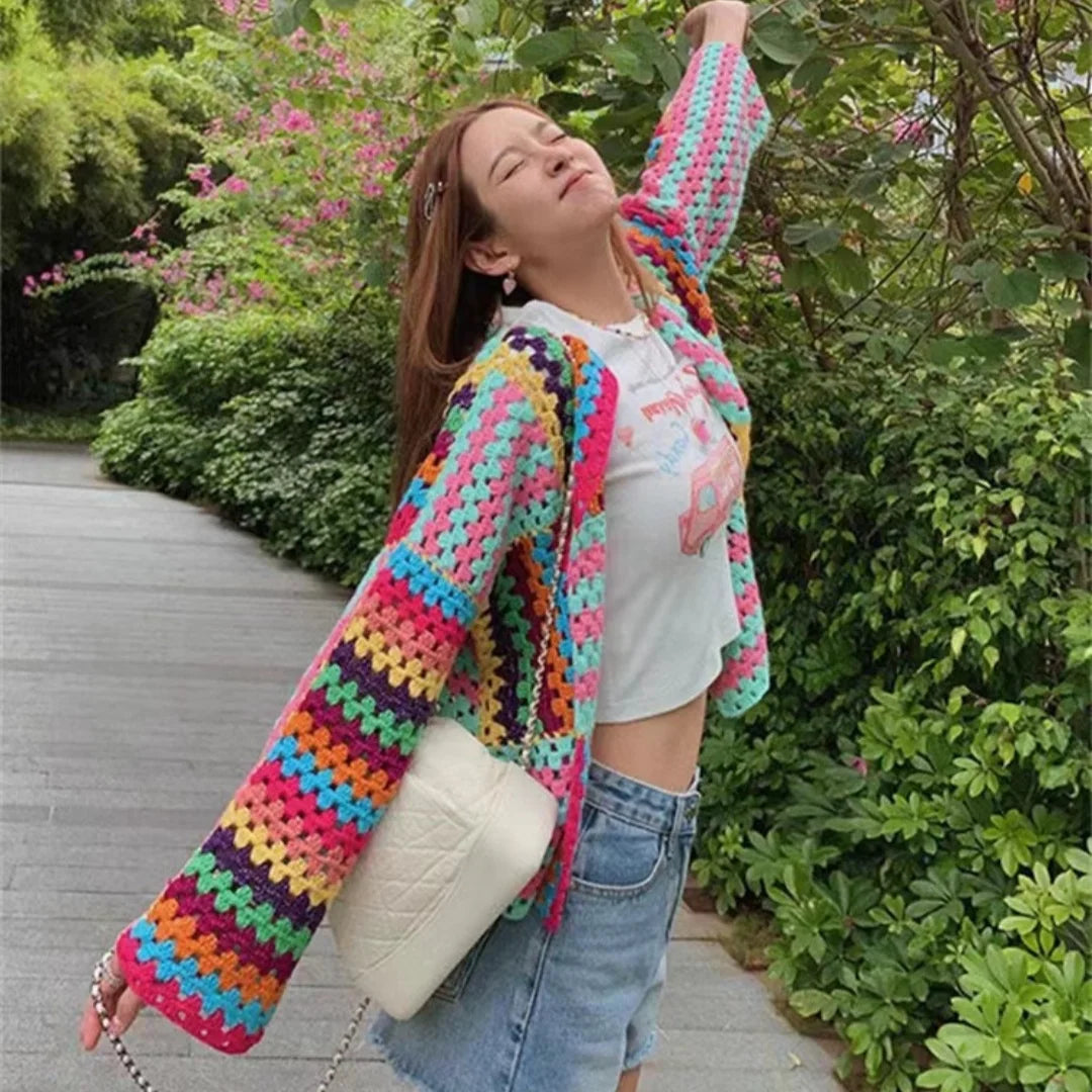 Colorful Crochet Knitted Hollow Cardigan Sweater Jacket New Top Loose Women's Clothing