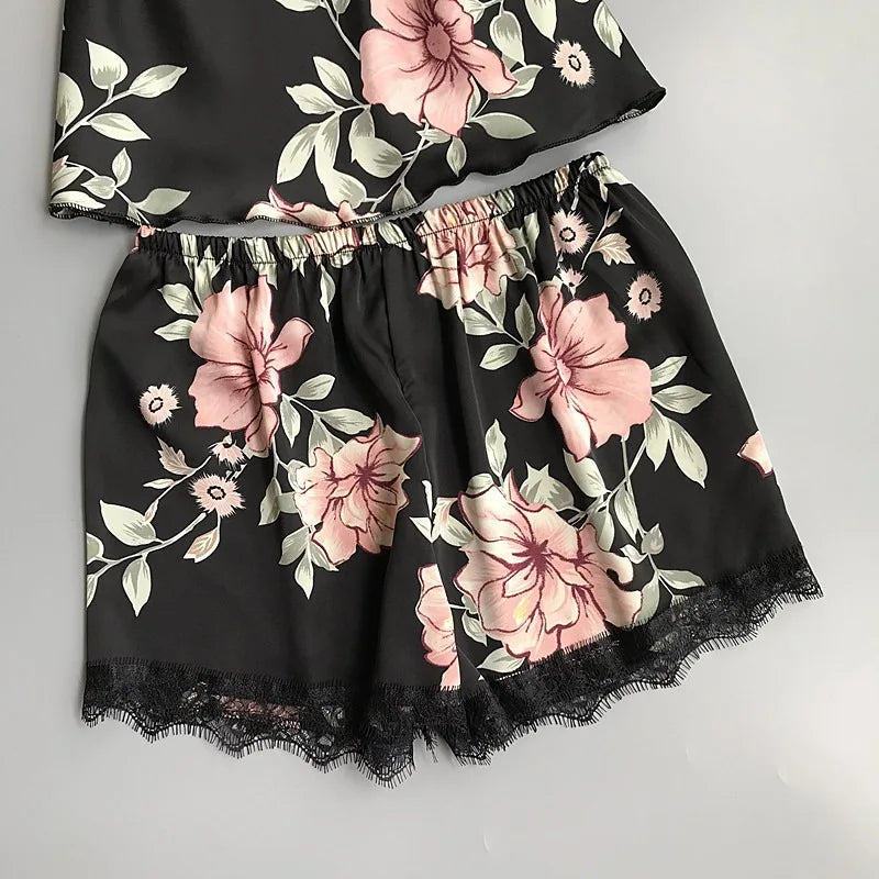 2pcs/set Women Silk Satin Lace Robe Shorts Sleepwear Babydoll Nightdress Pajamas