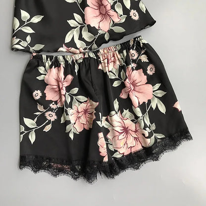 2pcs/set Women Silk Satin Lace Robe Shorts Sleepwear Babydoll Nightdress Pajamas