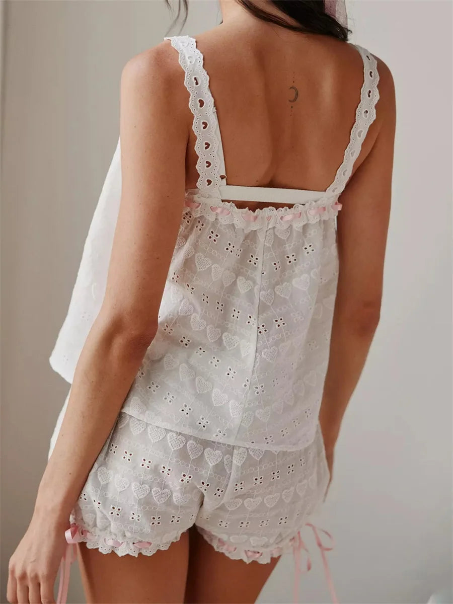 Cute Women Pajamas Set 2 Pieces Loungewear Suits Y2K Lace Drawstring Sleeveless Cami Tops and Shorts Sleepwear Outfits