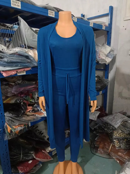 Two Piece Set Women Outfit 2023 Spring Fashion Drawstring Pocket Design U-Neck Sleeveless Skinny Jumpsuit & Long Sleeve Coat Set