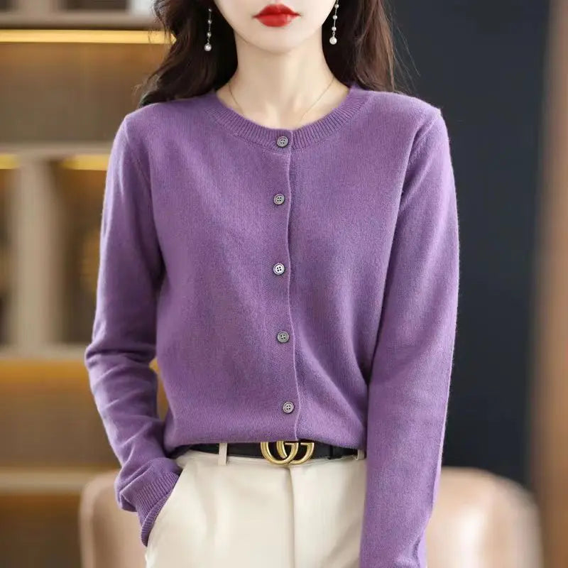 Knitted Cardigan Women's Sweater Autumn And Winter 2022 New Solid Color Coat Round Neck Short Long Sleeve Loose Korean Fashion