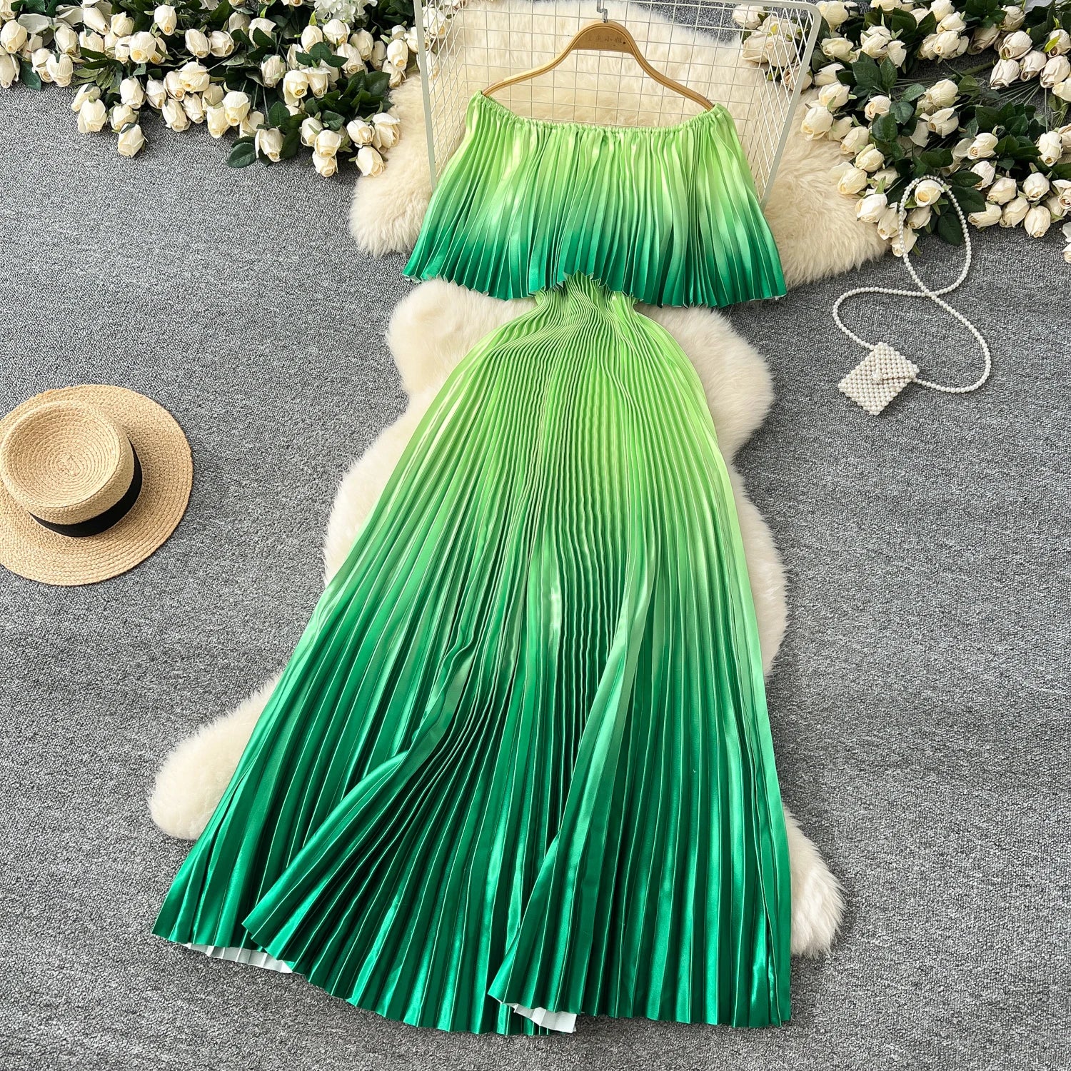 SINGREINY 2025 Gradient Party Long Dress Female Off Shoulder Elastic Waist A Line Sundress Vacation Luxury Pleated Maxi Dresses