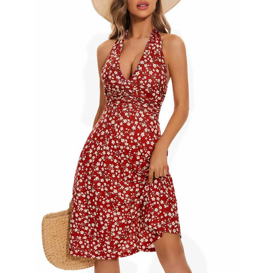 Ladies' Sexy Elegant Bohemian Floral Printed Summer Sleeveless Deep V-neck High Waist Beach Vacation A-line Daily Ruffle Dresses