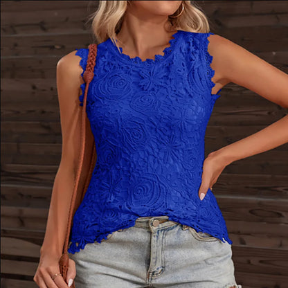 Summer Sleeveless Women Blouses Fashion Lace Casual Vintage Floral Vest Elegant Sexy Top Flower Embroidery Shirt Blue