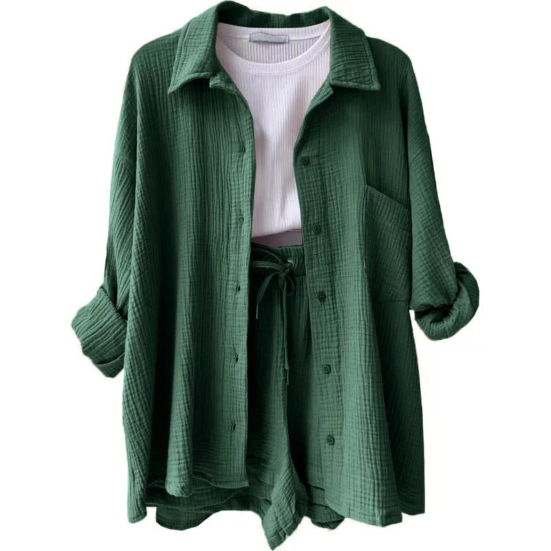 Short Sets Women Tracksuit Single Breasted Cardigan Blouses Two Pieces Shorts Loose Button High Street Solid Pockets Folds Dark Green