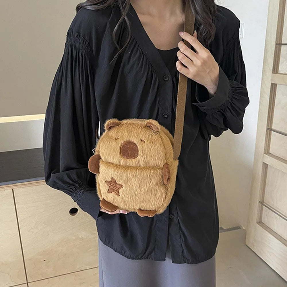 Cute Plush Capybara Crossbody Bag Large Capacity Shoulder Bag Girls Coin Purse Adjustable Zipper Plush Mobile Phone Pouch
