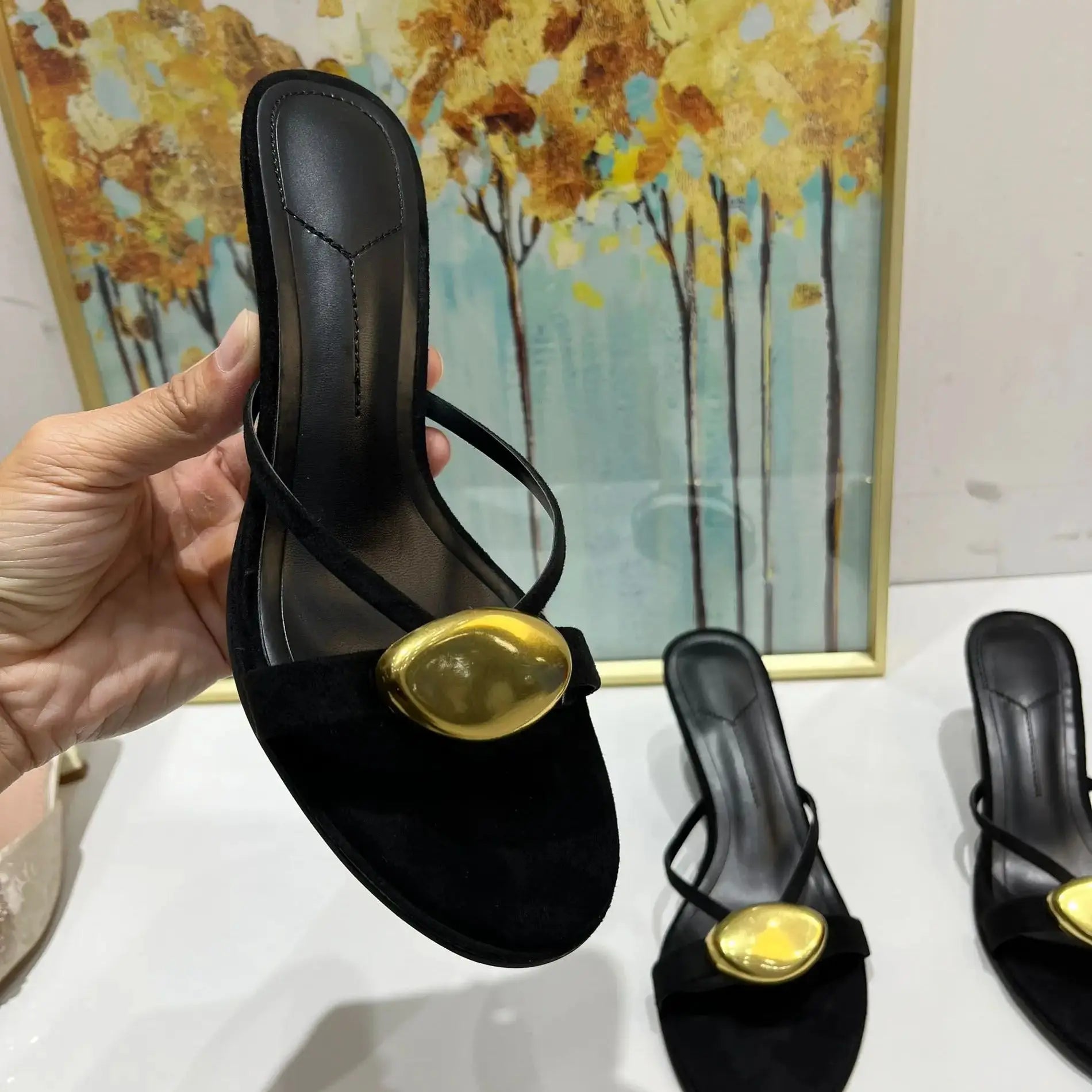 Shoes Woman 2025 Summer New Black Metal Decorative Women's Sandals Outerwear Fashion Open Toe Thin Heels Slippers