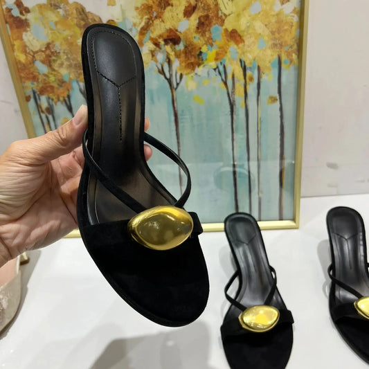 Shoes Woman 2025 Summer New Black Metal Decorative Women's Sandals Outerwear Fashion Open Toe Thin Heels Slippers