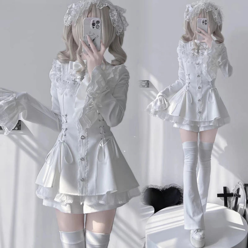 Y2k Aesthetic Lolita Style Bow Dress Shorts Set Japanese Women Gothic Lace Flare Sleeve Button Shirt Dress Punk Party Mini Dress