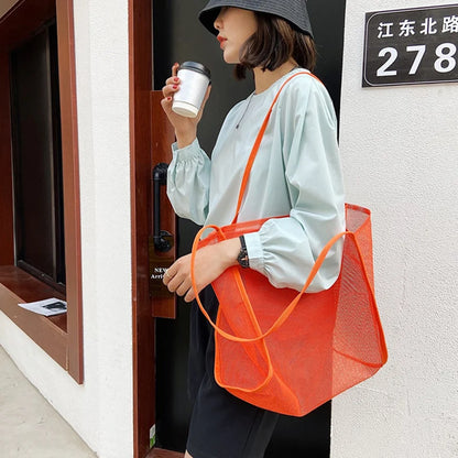 Summer Fashion Mesh Handbag Totes Hollow Out Shoulder Bags For Women Female Casual Fashion Large Capacity Shopping Pack