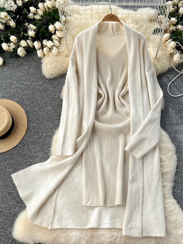 SINGREINY Autumn Knitted Two Pieces Sets Ladies Loose Knitting Cardigan+Spaghetti Strap Bodycon Dress Basic Solid Winter Suits Badiee Stylez