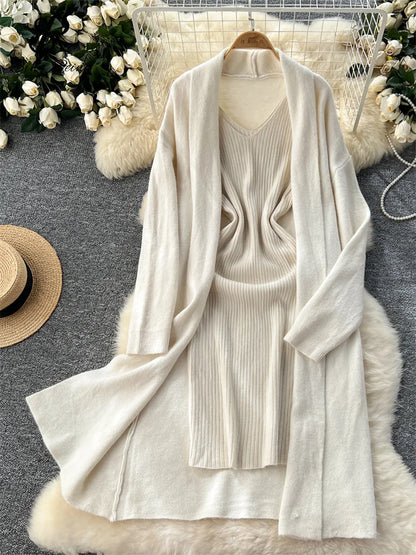 SINGREINY Autumn Knitted Two Pieces Sets Ladies Loose Knitting Cardigan+Spaghetti Strap Bodycon Dress Basic Solid Winter Suits Badiee Stylez