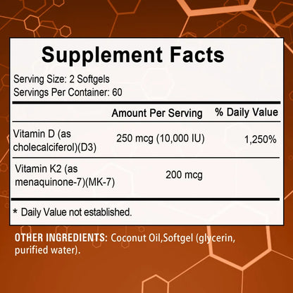 Vitamin D3 & K2 Capsules 10,000IU Vitamin D3 300mcg 200mcg K2 Supports Heart, Brain, Immune and Joint Health