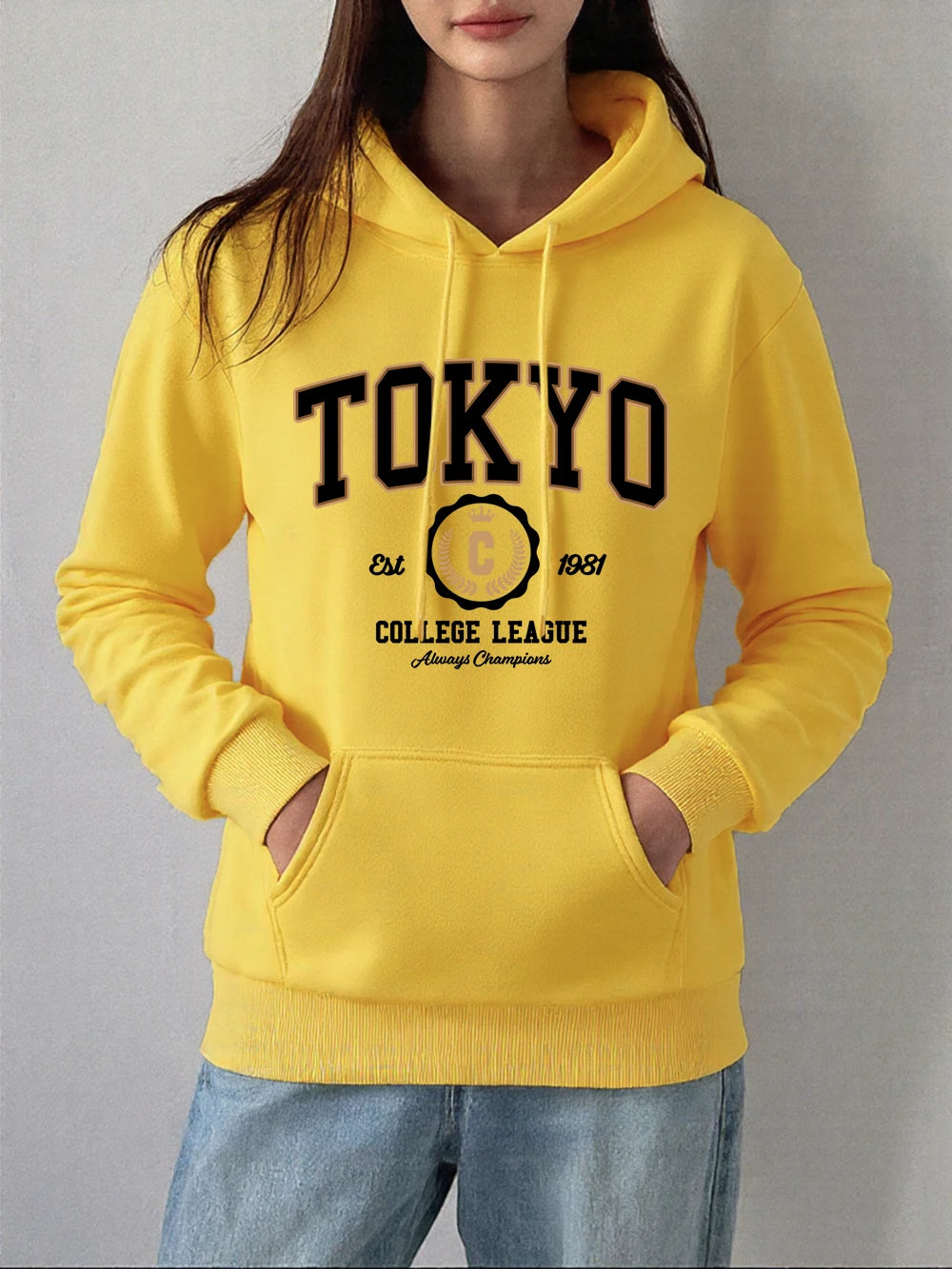 Tokyo College League Prints Hoodie Women Winter Fleece Warm Pullover Basics Pocket Sweatshirt Casual Comfortable Womans Clothes Yellow