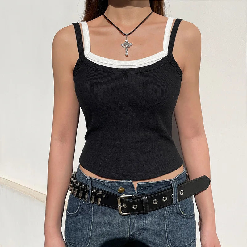 Contrast Fake Two-piece Crop Top Casual Patchwork Sleeveless Fashion Camis Vintage y2k Women Summer Tees Ladies Mini Vest