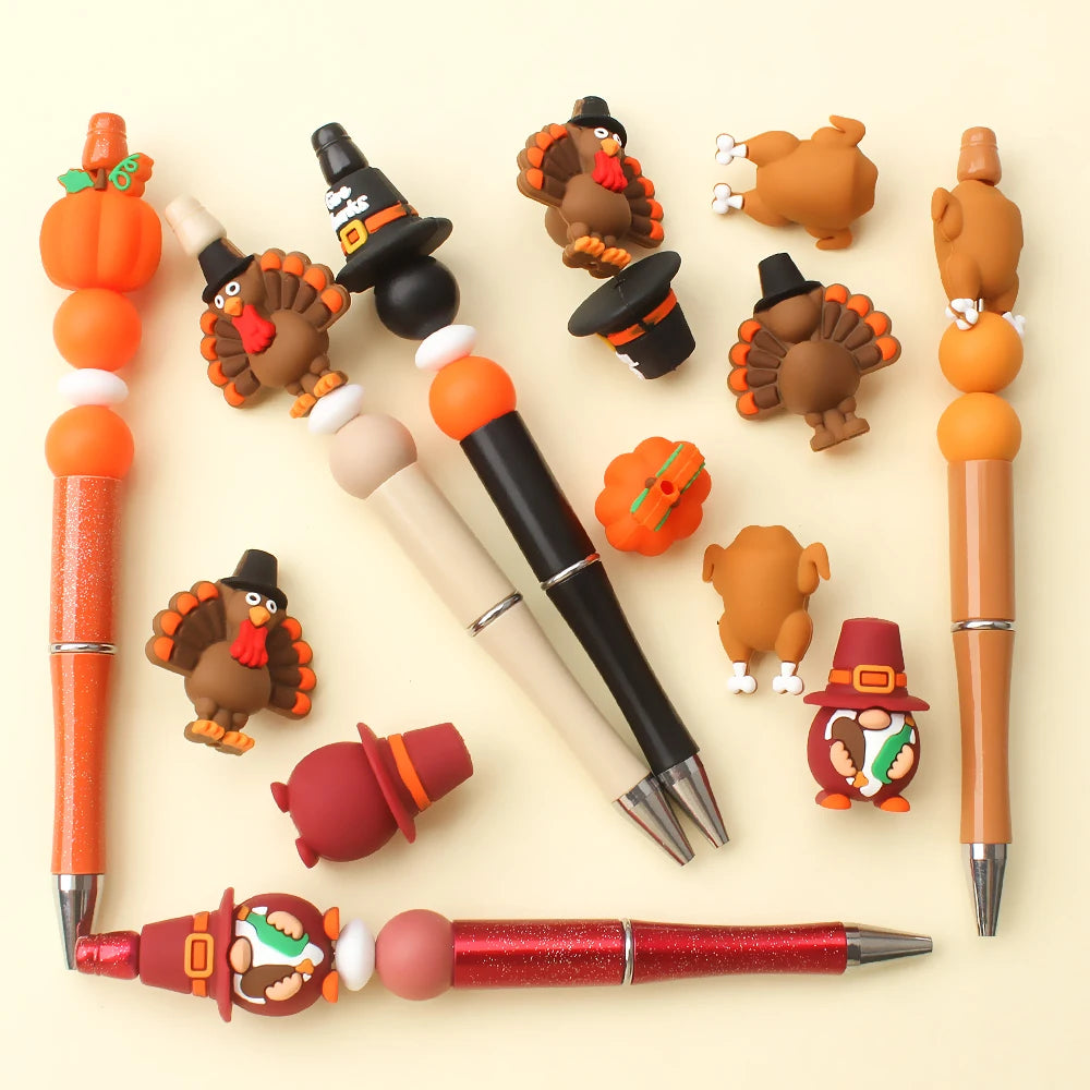 5/10/20pcs Thanksgiving Silicone Beads 3D Pumpkin Turkey Focal Beads for Jewelry Lanyards Keychain Bracelet Making Pen Decor