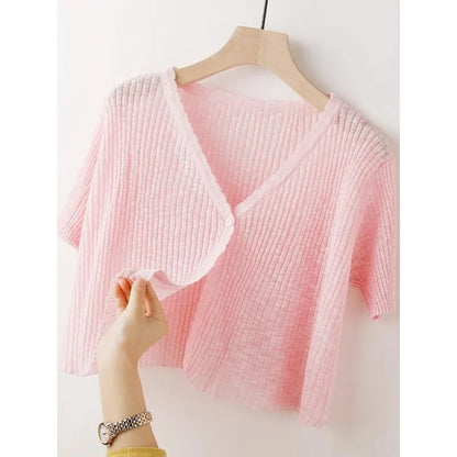 Ice Silk Knitted Cardigan Women's Summer Thin Short-sleeved Outer Wear Sun Protection Short Versatile Simple Commuter Top