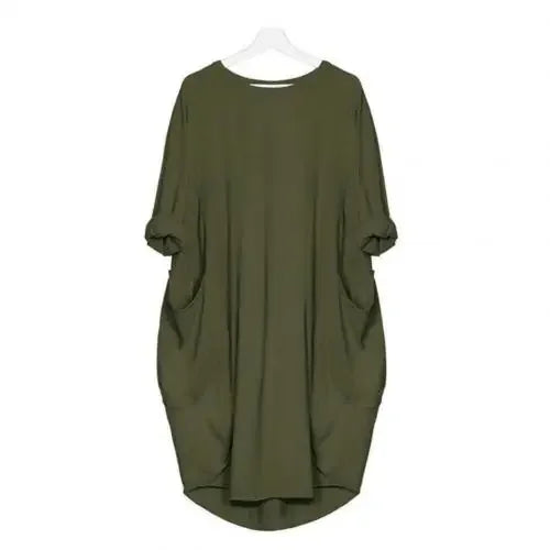 Women Casual Loose Dress with Pocket Fashion Ladies Solid Dress Women's O Neck Long Tops T Shirt Dress Streetwear Plus Size armygreen