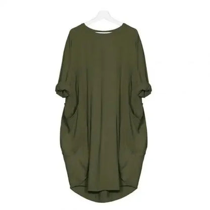 Women Casual Loose Dress with Pocket Fashion Ladies Solid Dress Women's O Neck Long Tops T Shirt Dress Streetwear Plus Size armygreen