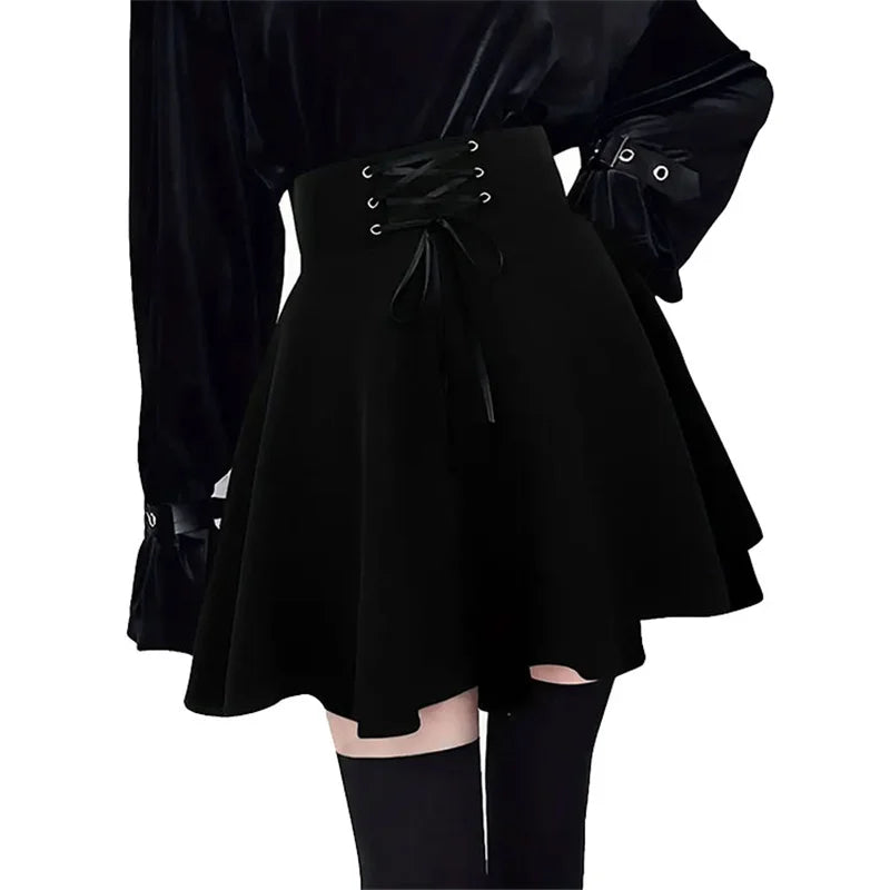 Halloween Mall Goth Skirt Women Harajuku Y2k E-girl High Waist Bandage Black Mini Skirt Dark Gothic Punk Club Wear Streetwear Badiee Stylez