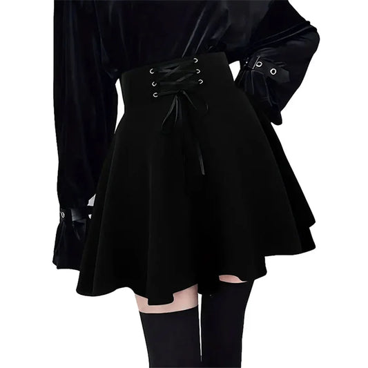 Halloween Mall Goth Skirt Women Harajuku Y2k E-girl High Waist Bandage Black Mini Skirt Dark Gothic Punk Club Wear Streetwear Badiee Stylez