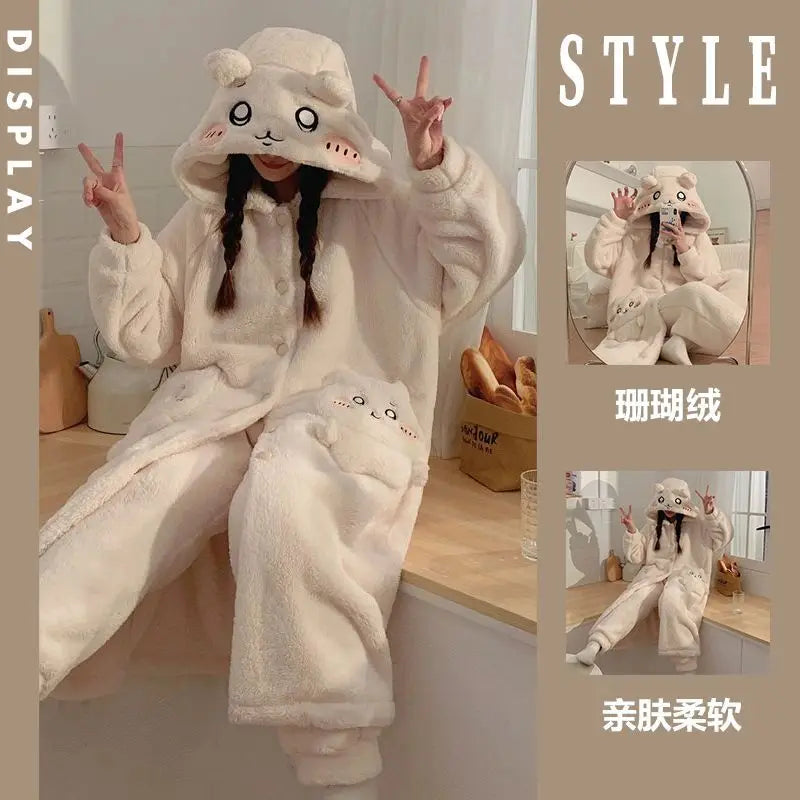 Kawaii Chiikawacoral Velvet Hooded Pajamas for Girls New Cute Cartoon Hachiware Usagi Women's Velvet Home Clothes Autumn Winter C