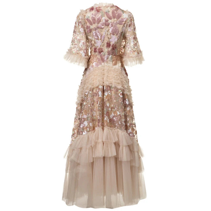 IEQJ Fashion Pink Embroidered Sequins Dress Women's Round Neck Ruffles Half Sleeves Ankle-length Dresses New 3A132 Badiee Stylez