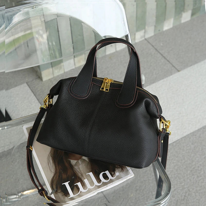 Toptrends Cowhide Genuine Leather Handbags For Women 2025 Luxury Designer Satchel Boston Office Ladies Shoulder Crossbody Bags Black