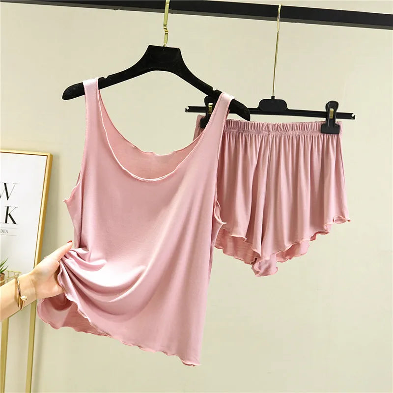 Casual Pyjama Pour Femme Summer Modal Tank Top Shorts Two-Piece Set Round Neck Sleeveless Home Wear Clothes Women Pajamas Suit pink