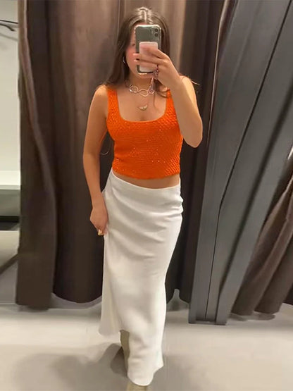 Fashion Bright Silk Knitted Vest For Women Elegant sleeveless U Neck Chic Cropped Tank Tops female Y2K Street Evening Partywear