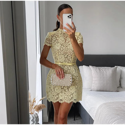 Women Fashion Yellow Lace Hollow Out Mini Dress Elegant Short Sleeve High Waist Bodycon Dresses Sexy Party Street Lady Vestidos