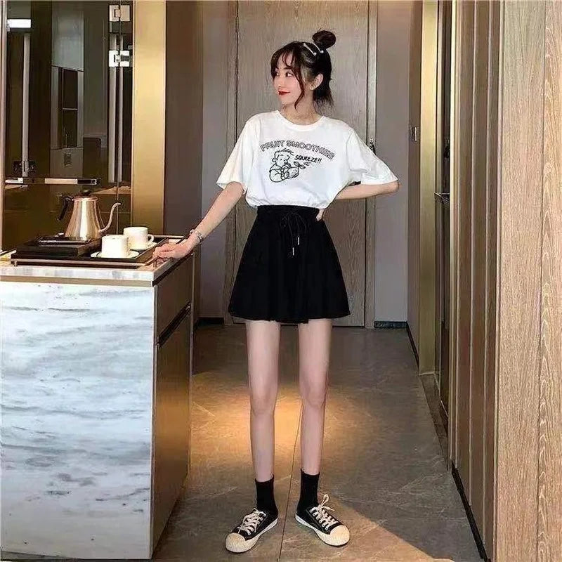 MEXZT 5Xl Summer Shorts Skirts Women Elastic High Waist Casual Wide Leg Shorts Korean A Line Loose Mini Skirt Black Short Pants