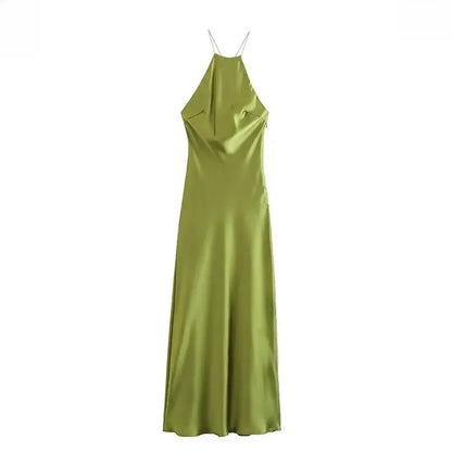 2023 Summer New Women's Dress Tanksilk-satin Feeling Sleeveless Dress 9588 Western Style Fashion army green