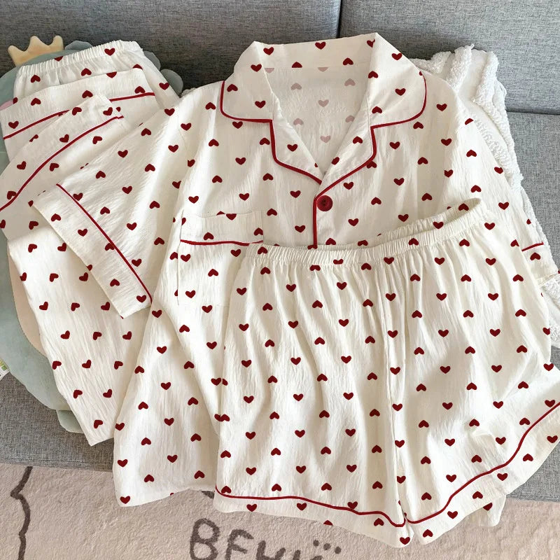 Women Summer Pajamas Three-piece Set Leisure Sleepwear Short Sleeve Lapel Sweet Heart Print Homewear Female Loose Loungewear