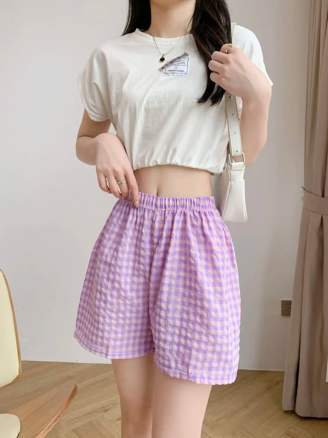 Summer Home Shorts Women's High Waisted Slimming Wide Leg Pants Sports Casual Pants Loose Plaid Pajama Pants Purple grid