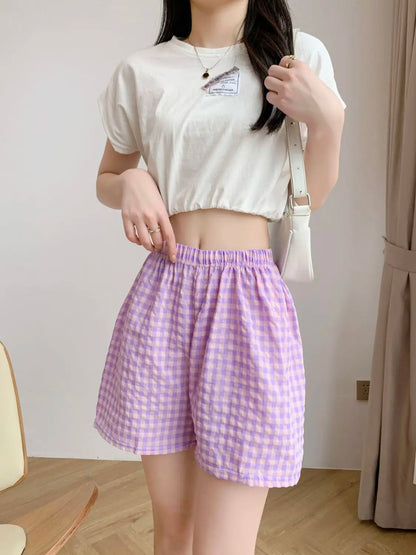 Summer Home Shorts Women's High Waisted Slimming Wide Leg Pants Sports Casual Pants Loose Plaid Pajama Pants Purple grid