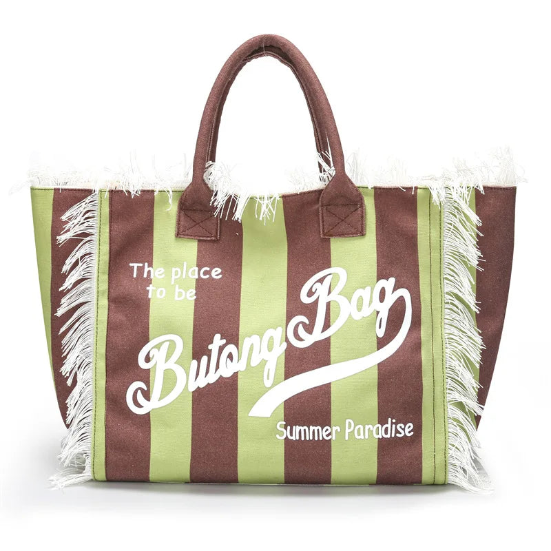 European and American Letters Tassel Canvas Bag Arge Capacity Handbags Travel Women Beach Tote Bag Fashion Casual Shopping Bags C 52x32x16cm