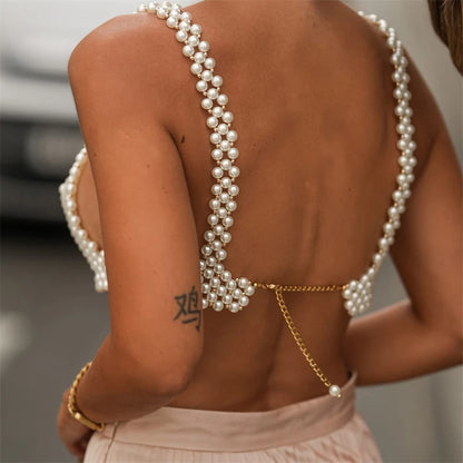 Hollow Out Pearl Sling Crop Tops For Women Sexy Pearl Beaded Bra Top for Women Pearl Straps Elegant Crop Top for Parties