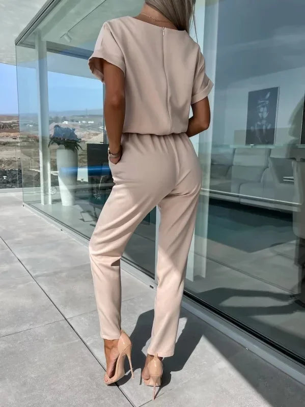 Jumpsuit Women 2023 Solid Color Short Sleeve V-neck Pocket Lace-up Pencil Long Pants Jumpsuits Summer Outfits Bodysuits Badiee Stylez