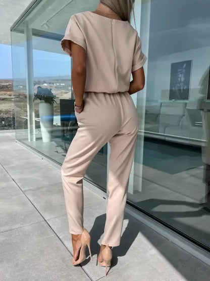 Jumpsuit Women 2023 Solid Color Short Sleeve V-neck Pocket Lace-up Pencil Long Pants Jumpsuits Summer Outfits Bodysuits Badiee Stylez