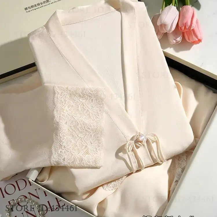 New Chinese Style 2PCS Robe Nightgown Set Sleepwear Sexy Lace Suspender Nightdress Loungewear Jacquard Satin Bathrobe Homewear Badiee Stylez