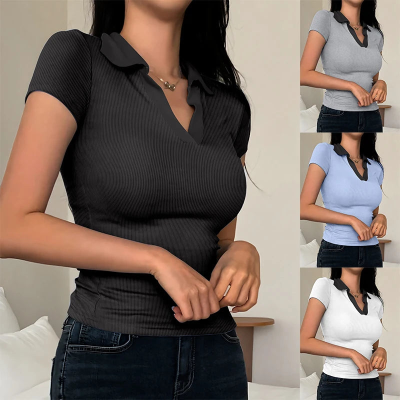 Summer Women's Color Collision POLO Shirt Slim Casual Solid Color Women's Tops Home Workwear V-neck Short-sleeved T-shirt Female