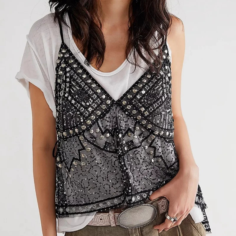 Women Y2K Rivet Sequin Mesh Tank Top V Neck Beaded Halter Cami Crop Top Sheer Sleeveless Backless Glitter Sparkly Camisole