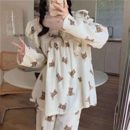Spring and Autumn New Women's Pajamas Homewear Suit Female Court Style Doll Collar Japanese Girl Plaid Autumn and Winter Homewea